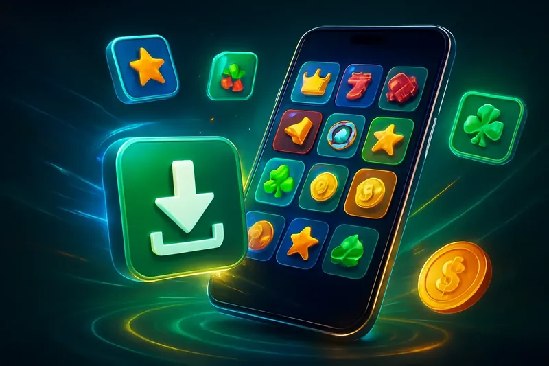 Premium Casino App Glossy smartphone casino app banner with neon download effects