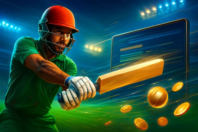 Cricket batter striking ball under stadium lights for sportsbook banner