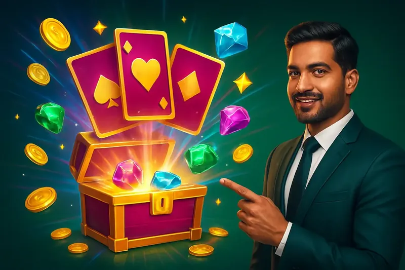 Glowing reward chest with cards, coins, gems, and stars bursting out