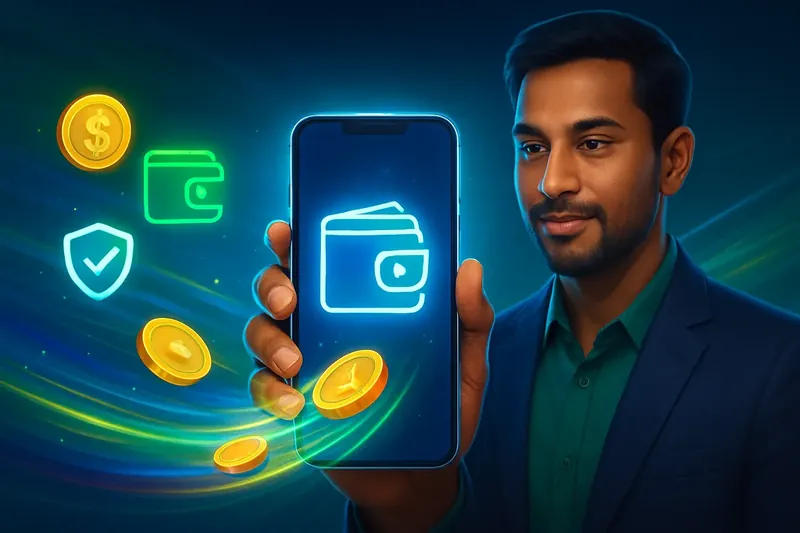 Hand holding smartphone with secure mobile wallet, coins, and speed light trails