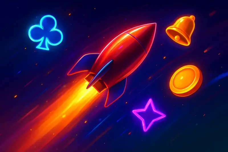 Glossy rocket launch casino banner with neon trail and dynamic motion