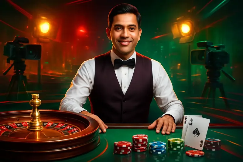 Friendly professional live dealer with roulette, cards, chips, and studio lights