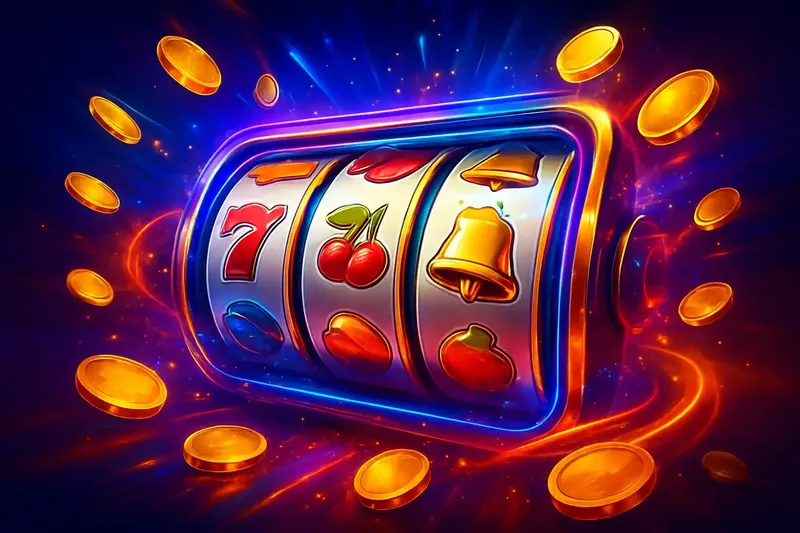Colorful spinning slot machine with coins, sparkles, and neon casino glow